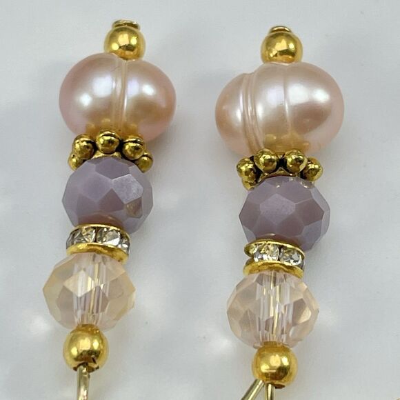 18K Gold Plated Freshwater Pearl Glass Beaded Dangle Earrings Bridal Cute Unique - Picture 4 of 6